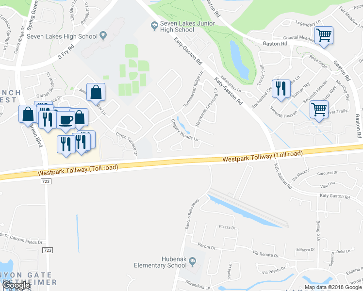 map of restaurants, bars, coffee shops, grocery stores, and more near Densberry Lane in Katy