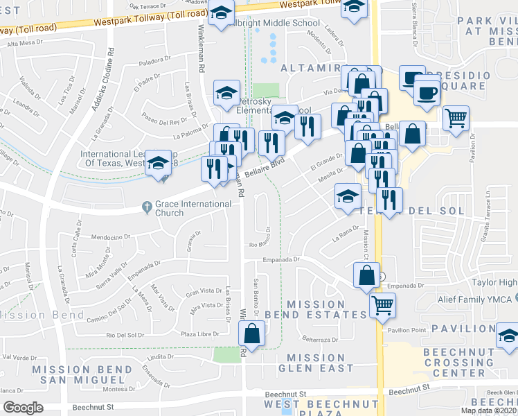 map of restaurants, bars, coffee shops, grocery stores, and more near 7103 Plaza Del Sol Drive in Houston