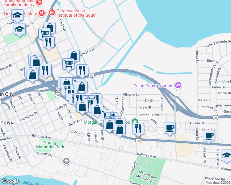 map of restaurants, bars, coffee shops, grocery stores, and more near 1725-1833 Filmore Street in Morgan City