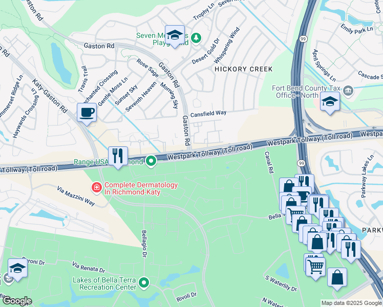 map of restaurants, bars, coffee shops, grocery stores, and more near 23601 Farm to Market 1093 Road in Richmond