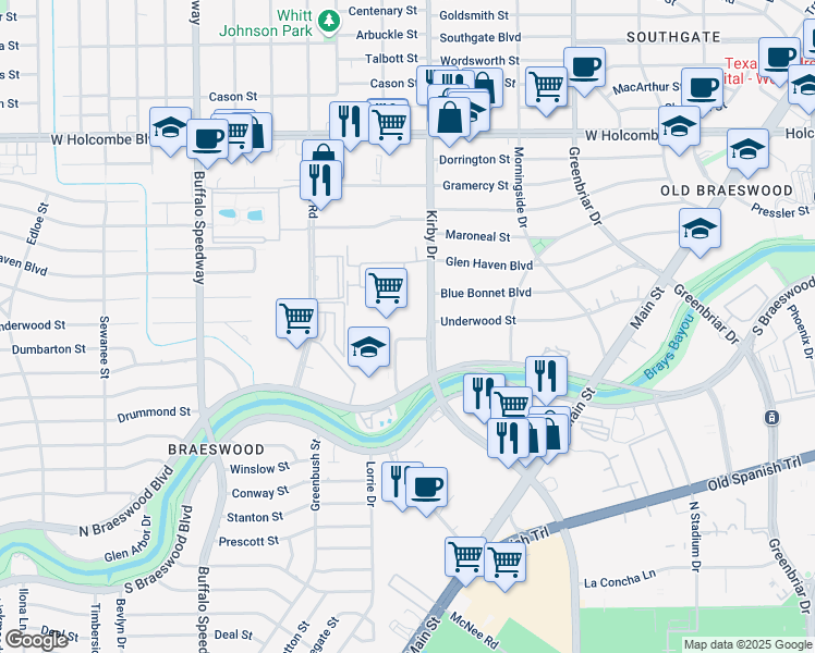 map of restaurants, bars, coffee shops, grocery stores, and more near 2621 South Glen Haven Boulevard in Houston