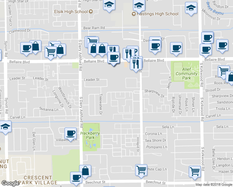 map of restaurants, bars, coffee shops, grocery stores, and more near 12429 Sharpview Drive in Houston