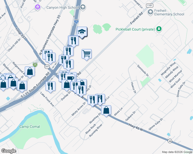 map of restaurants, bars, coffee shops, grocery stores, and more near 1367 Bartels Street in New Braunfels