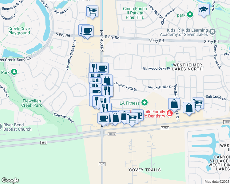 map of restaurants, bars, coffee shops, grocery stores, and more near 6431 Genet Drive in Katy