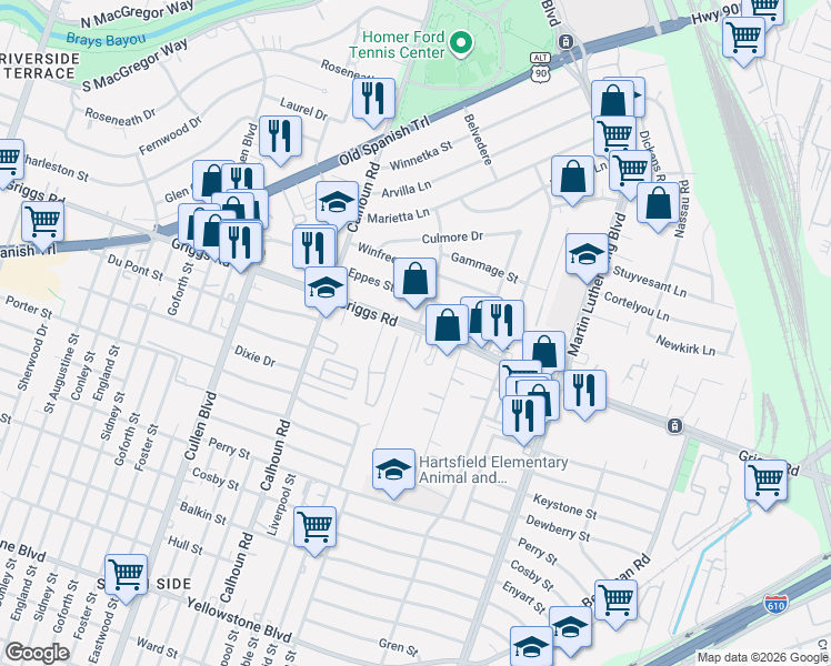 map of restaurants, bars, coffee shops, grocery stores, and more near 4819 Griggs Road in Houston