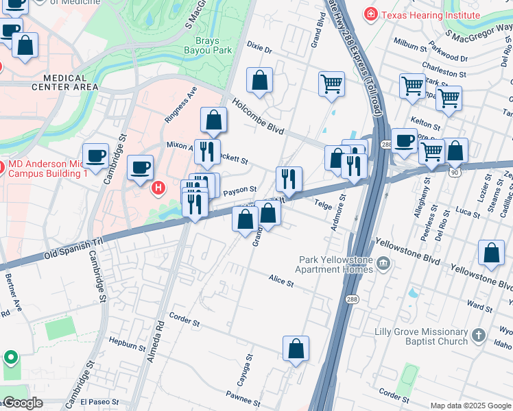 map of restaurants, bars, coffee shops, grocery stores, and more near 6925 Van Etten Street in Houston