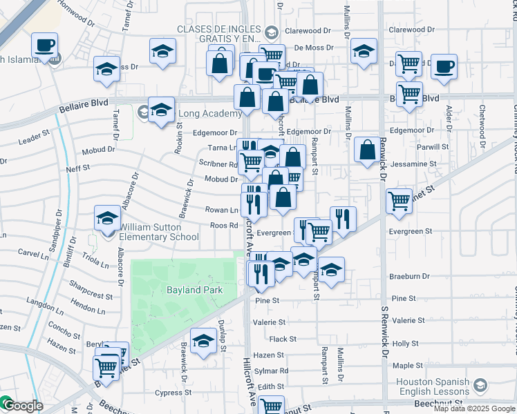 map of restaurants, bars, coffee shops, grocery stores, and more near 7241 Hillcroft Street in Houston