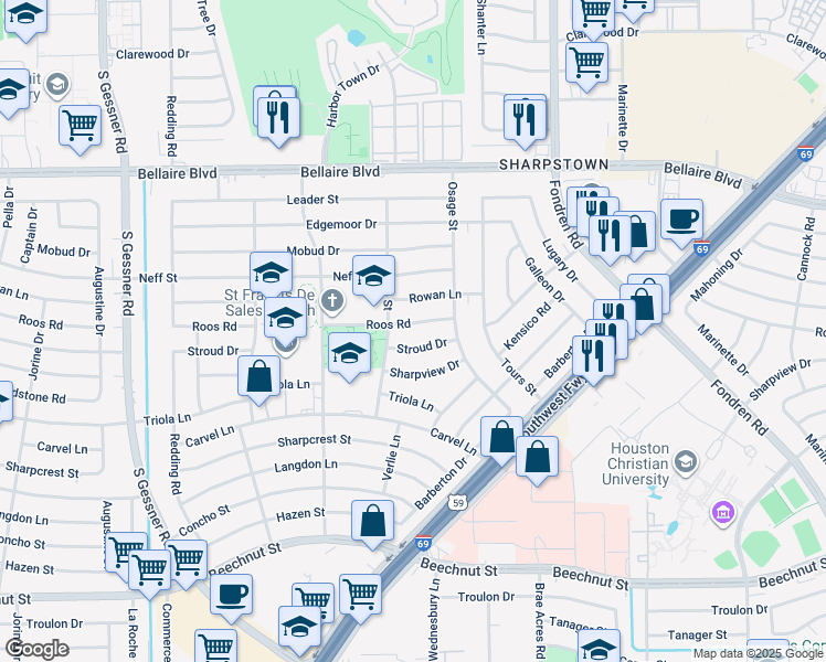 map of restaurants, bars, coffee shops, grocery stores, and more near 8018 Roos Road in Houston