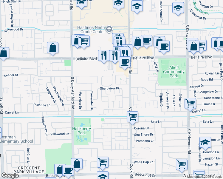 map of restaurants, bars, coffee shops, grocery stores, and more near 12429 Sharpview Drive in Houston