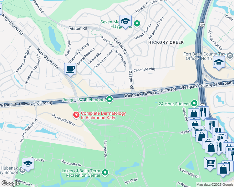 map of restaurants, bars, coffee shops, grocery stores, and more near 23702 Farm to Market 1093 in Richmond