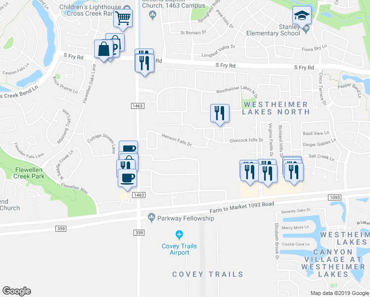 map of restaurants, bars, coffee shops, grocery stores, and more near 6410 Papaya Bend Drive in Katy