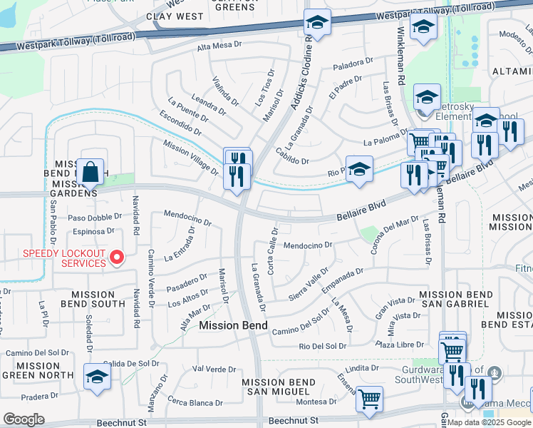 map of restaurants, bars, coffee shops, grocery stores, and more near 15778 Bellaire Boulevard in Houston