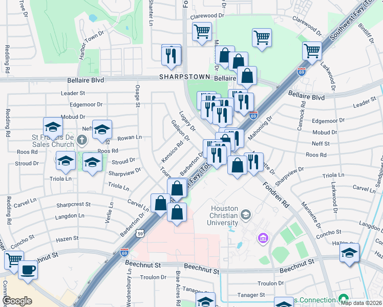 map of restaurants, bars, coffee shops, grocery stores, and more near 7514 Romney Road in Houston