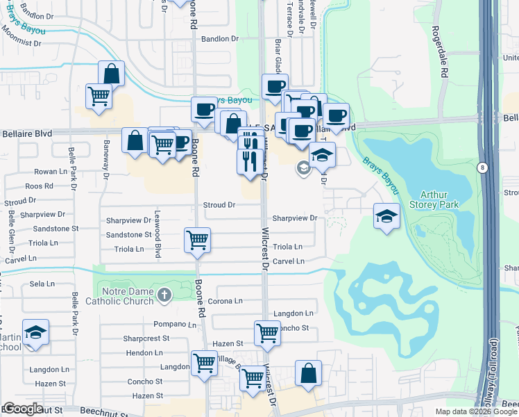 map of restaurants, bars, coffee shops, grocery stores, and more near in Houston