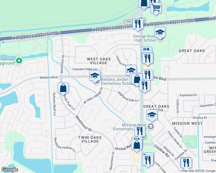 map of restaurants, bars, coffee shops, grocery stores, and more near 7214 Branford Park Lane in Richmond