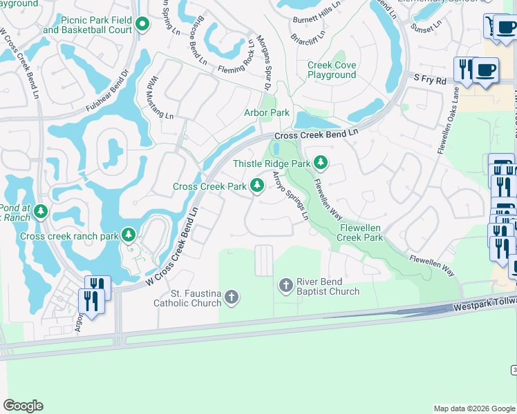 map of restaurants, bars, coffee shops, grocery stores, and more near 28014 Brandy Creek Lane in Fulshear