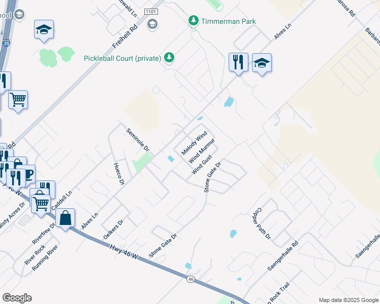map of restaurants, bars, coffee shops, grocery stores, and more near 489 Melody Wind in New Braunfels
