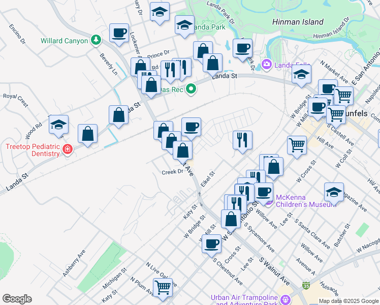 map of restaurants, bars, coffee shops, grocery stores, and more near 1273 North Academy Avenue in New Braunfels