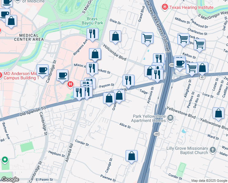 map of restaurants, bars, coffee shops, grocery stores, and more near 2932 Old Spanish Trail in Houston