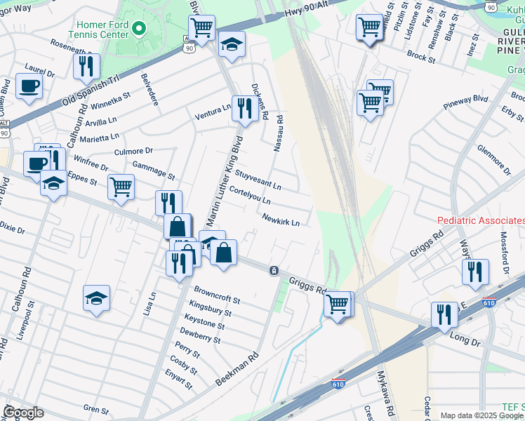 map of restaurants, bars, coffee shops, grocery stores, and more near 5210 Cortelyou Lane in Houston