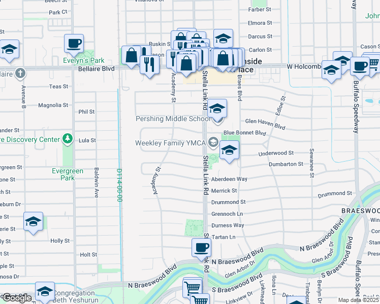 map of restaurants, bars, coffee shops, grocery stores, and more near 4034 Underwood Street in Houston