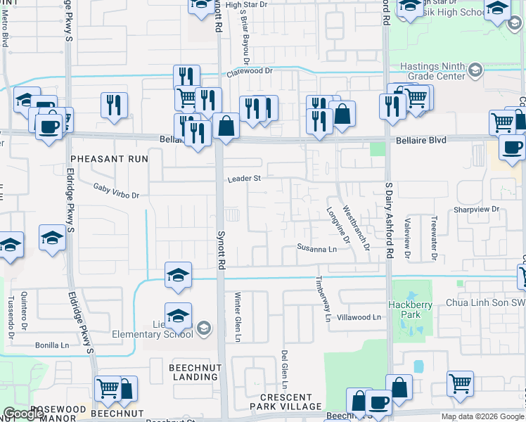 map of restaurants, bars, coffee shops, grocery stores, and more near 7074 Greenway Chase Street in Houston