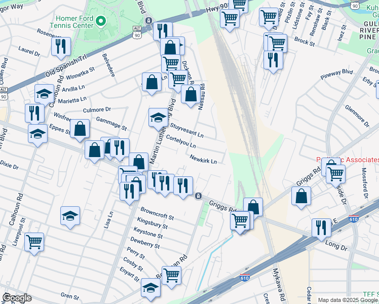 map of restaurants, bars, coffee shops, grocery stores, and more near 5210 Cortelyou Lane in Houston
