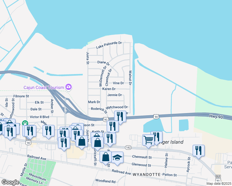 map of restaurants, bars, coffee shops, grocery stores, and more near 3114-3130 Karen Drive in Morgan City