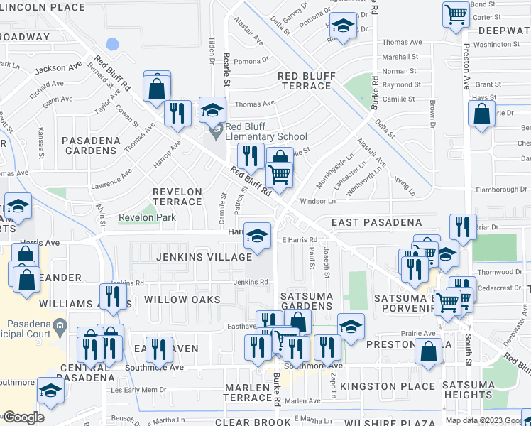 map of restaurants, bars, coffee shops, grocery stores, and more near 2103 Theresa Street in Pasadena
