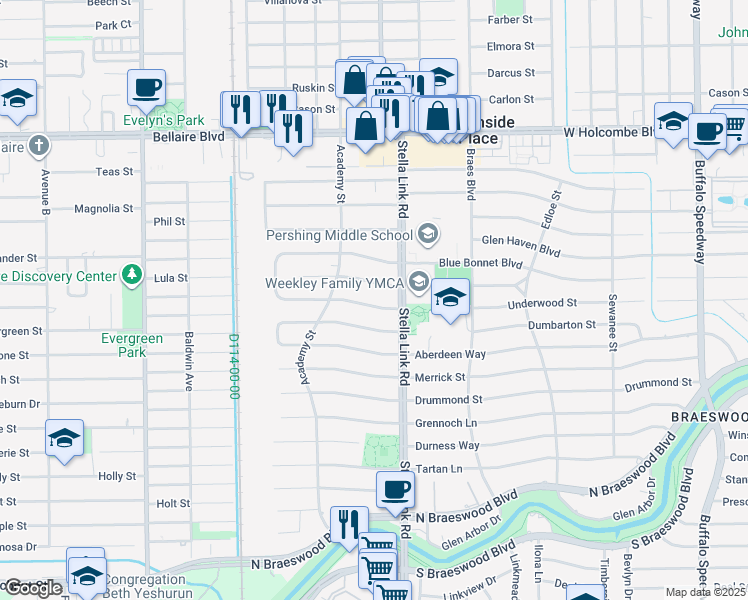 map of restaurants, bars, coffee shops, grocery stores, and more near 4034 Underwood Street in Houston