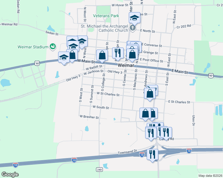 map of restaurants, bars, coffee shops, grocery stores, and more near 203 West Church Street in Weimar