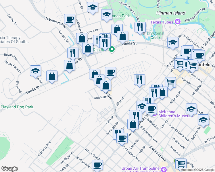 map of restaurants, bars, coffee shops, grocery stores, and more near 1273 North Academy Avenue in New Braunfels