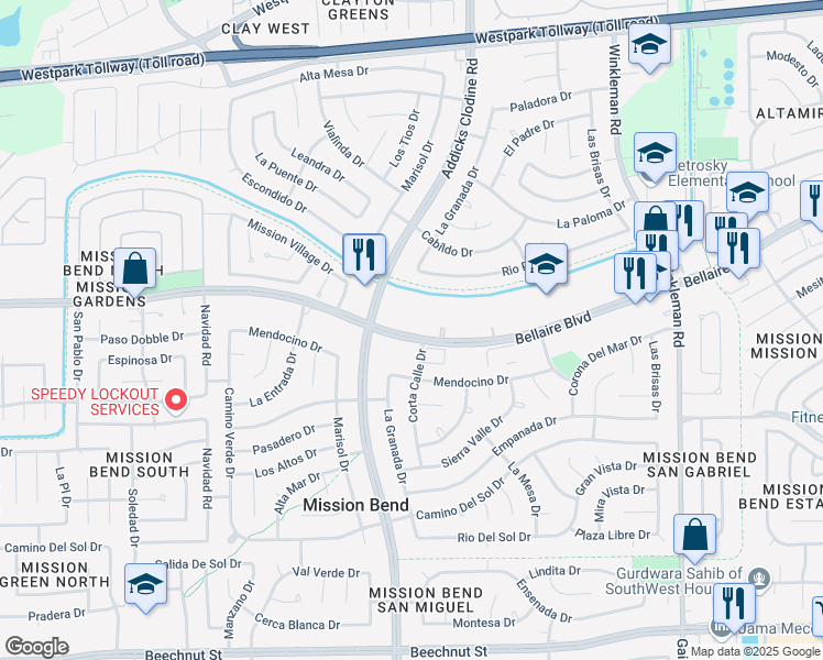 map of restaurants, bars, coffee shops, grocery stores, and more near 15776 Bellaire Boulevard in Houston