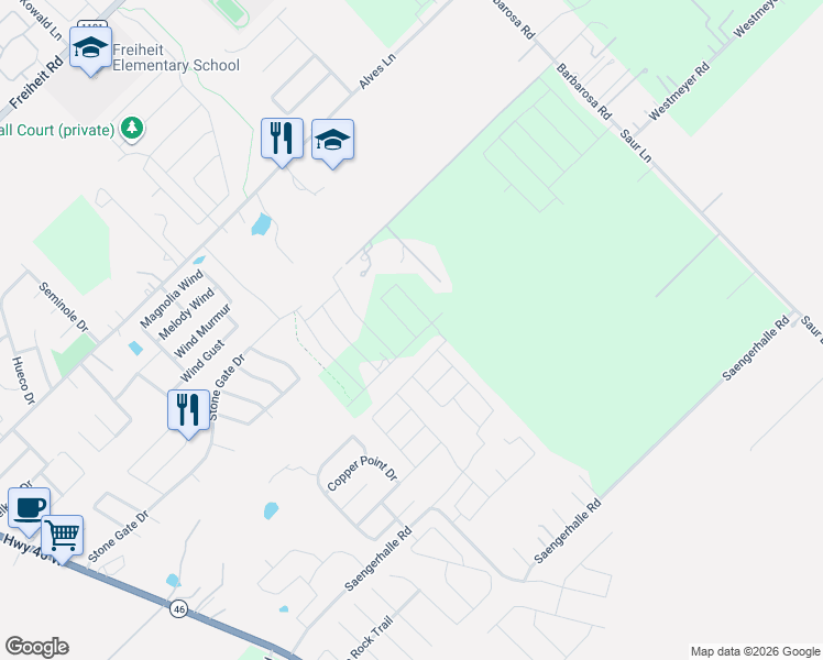map of restaurants, bars, coffee shops, grocery stores, and more near 790 Three Mile Creek in New Braunfels