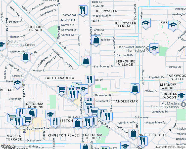 map of restaurants, bars, coffee shops, grocery stores, and more near 701 Preston Road in Pasadena