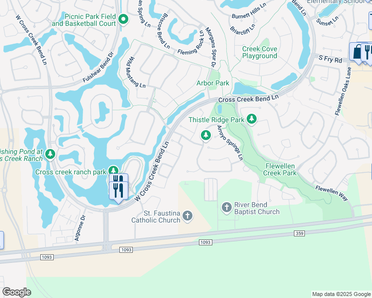 map of restaurants, bars, coffee shops, grocery stores, and more near 6203 Creekside Park Lane in Fulshear
