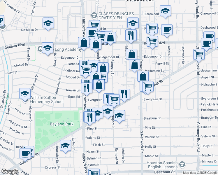 map of restaurants, bars, coffee shops, grocery stores, and more near 7313 Ashcroft Drive in Houston