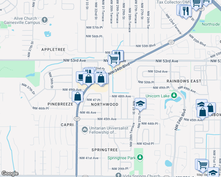 map of restaurants, bars, coffee shops, grocery stores, and more near 4907 Northwest 30th Terrace in Gainesville
