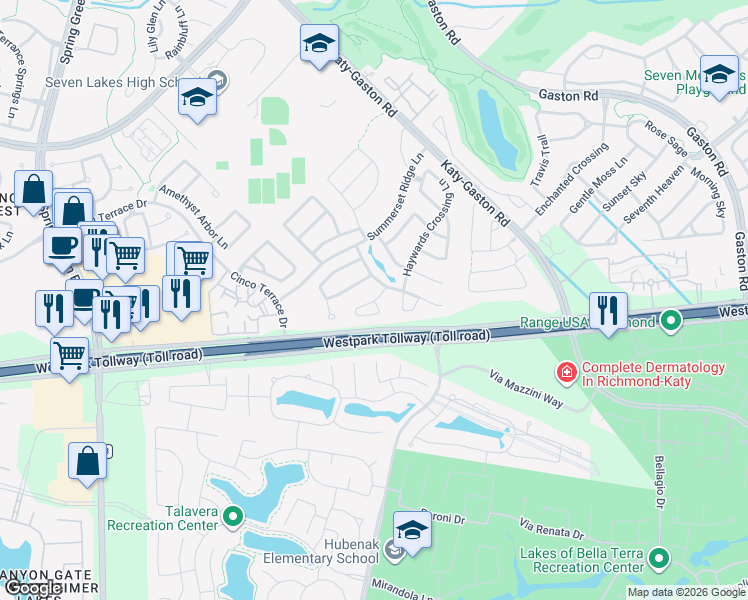 map of restaurants, bars, coffee shops, grocery stores, and more near Folkstone Circle in Katy