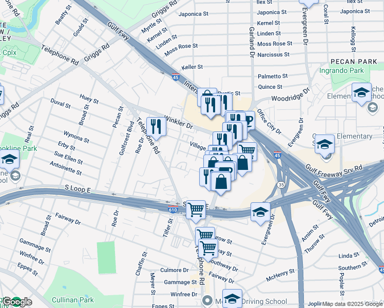 map of restaurants, bars, coffee shops, grocery stores, and more near 7120 Village Way in Houston