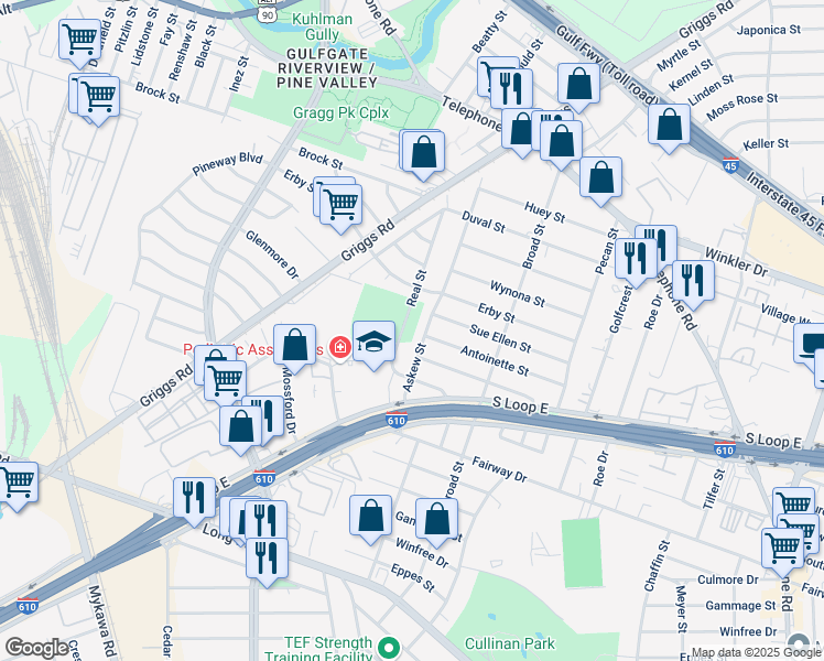 map of restaurants, bars, coffee shops, grocery stores, and more near 3226 Askew Street in Houston