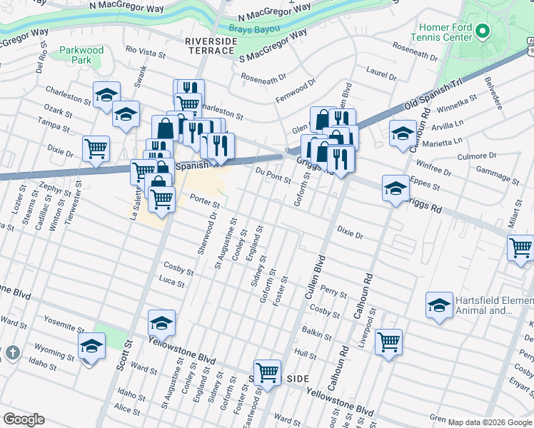 map of restaurants, bars, coffee shops, grocery stores, and more near 6019 England Street in Houston