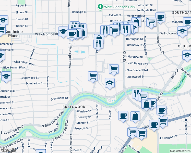 map of restaurants, bars, coffee shops, grocery stores, and more near 7527 Brompton Road in Houston