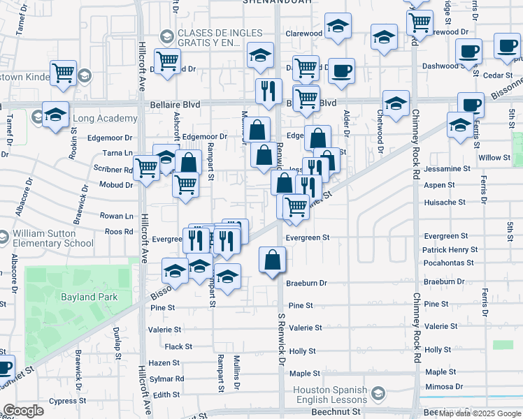 map of restaurants, bars, coffee shops, grocery stores, and more near 5900 Bissonnet Street in Houston