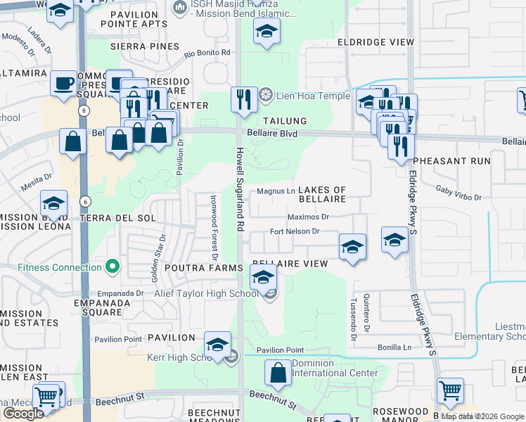 map of restaurants, bars, coffee shops, grocery stores, and more near 7122 Favian Court in Houston
