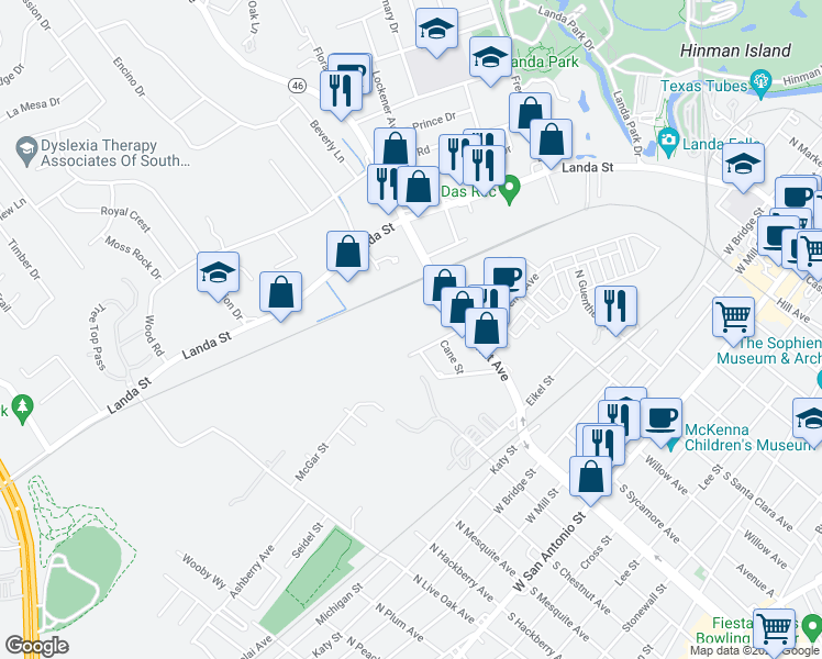 map of restaurants, bars, coffee shops, grocery stores, and more near 614 Bavarian Drive in New Braunfels