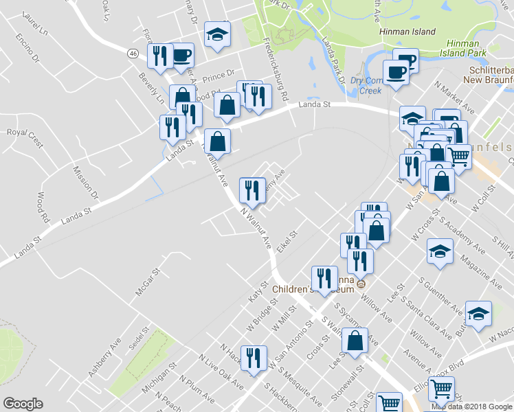 map of restaurants, bars, coffee shops, grocery stores, and more near 1273 North Academy Avenue in New Braunfels