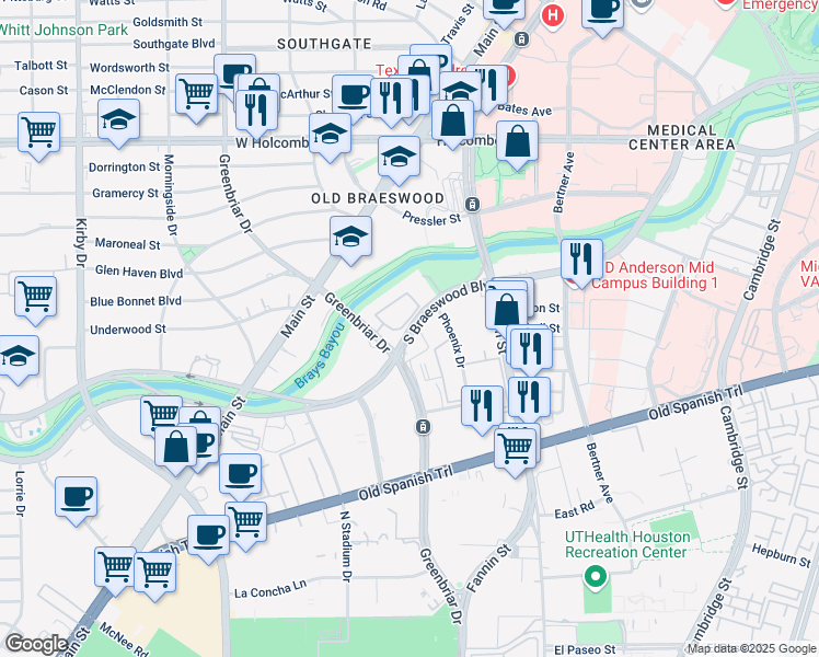 map of restaurants, bars, coffee shops, grocery stores, and more near 1826 South Braeswood Boulevard in Houston