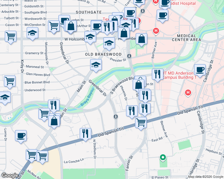 map of restaurants, bars, coffee shops, grocery stores, and more near 1824 South Braeswood Boulevard in Houston