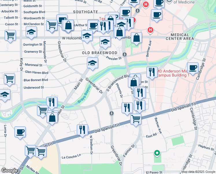 map of restaurants, bars, coffee shops, grocery stores, and more near 1822 South Braeswood Boulevard in Houston